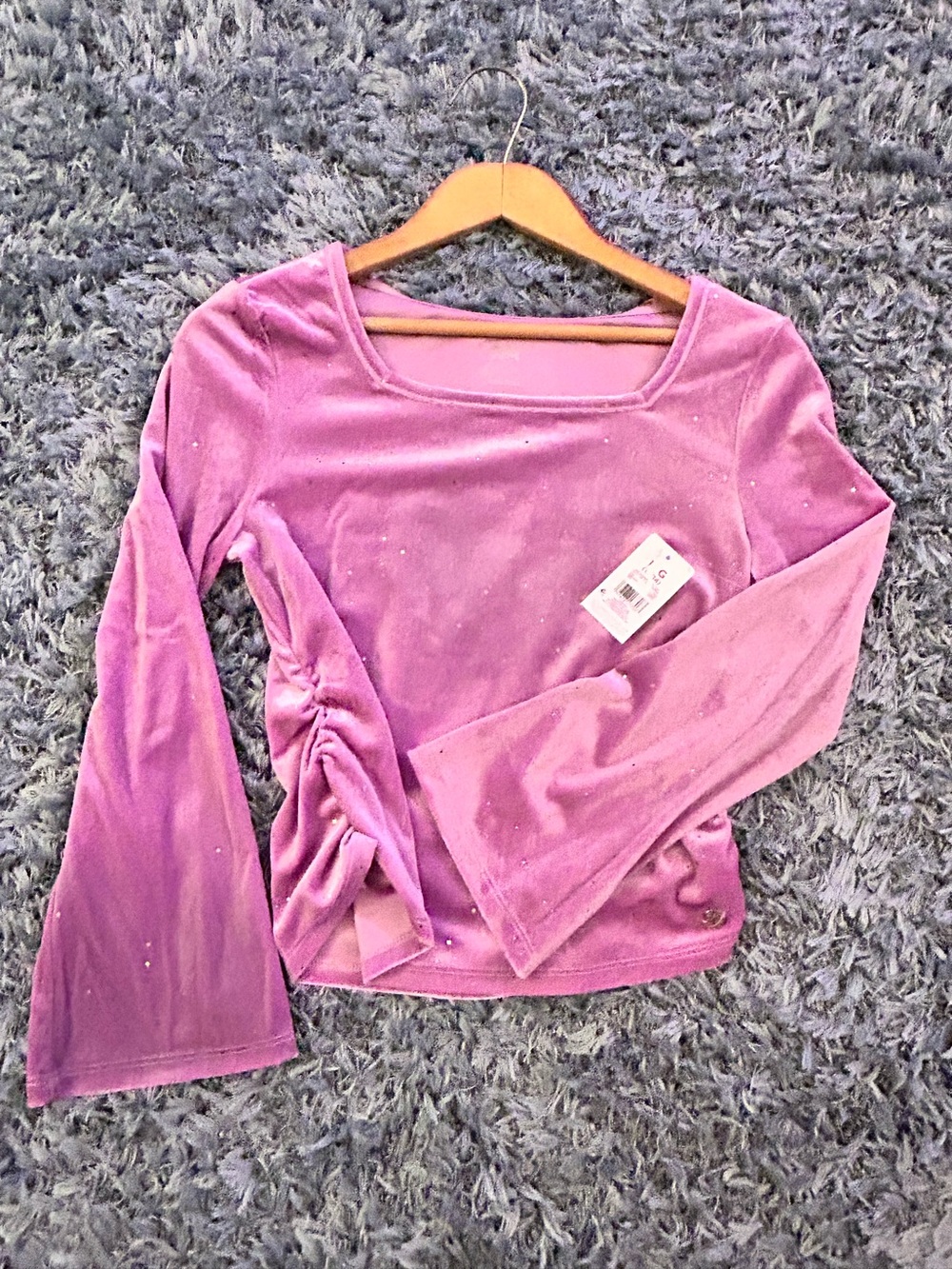 Justice sparkly purple Velvet Flared Long-Sleeve Square Neck Formal 
Top